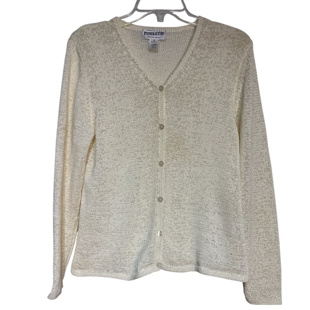 Pendleton Womens Cream Ivory Marl V-Neck Button Front Cardigan Sweater Size M‎
